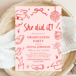 Modern Hand Drawn She did it Graduation Party 招待状