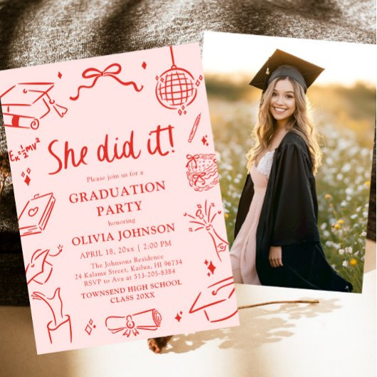 Modern Hand Drawn She did it Graduation Party 招待状