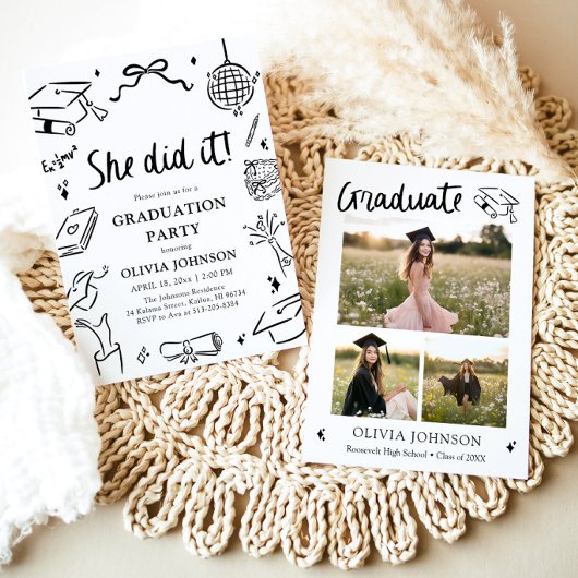 Modern Hand Drawn She did it Graduation Party 招待状