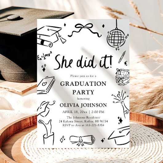 Modern Hand Drawn She did it Graduation Party 招待状