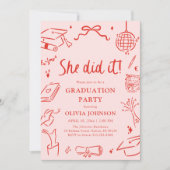 Modern Hand Drawn She did it Graduation Party 招待状 (正面)