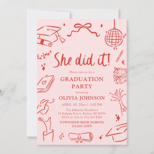Modern Hand Drawn She did it Graduation Party 招待状 (正面)