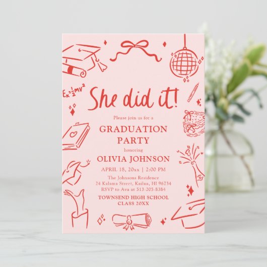 Modern Hand Drawn She did it Graduation Party 招待状 (スタンド正面)