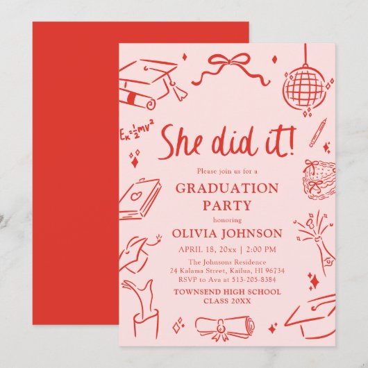 Modern Hand Drawn She did it Graduation Party 招待状 (正面/裏面)