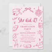Modern Hand Drawn She did it Pink Graduation Party 招待状 (正面)