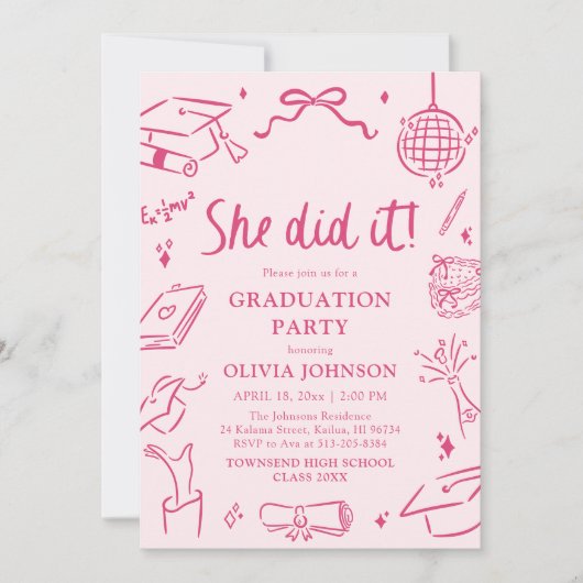 Modern Hand Drawn She did it Pink Graduation Party 招待状 (正面)