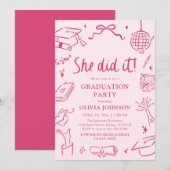 Modern Hand Drawn She did it Pink Graduation Party 招待状 (正面/裏面)