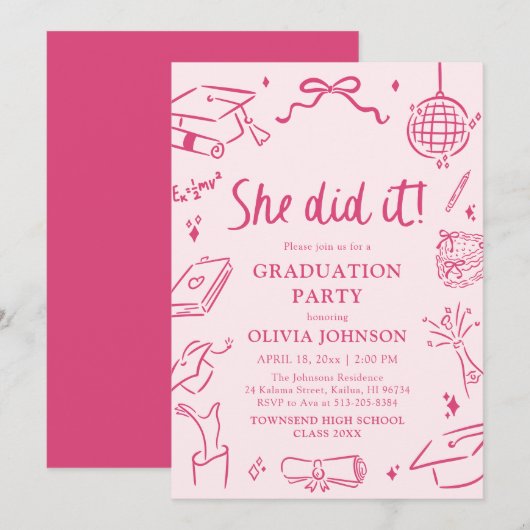 Modern Hand Drawn She did it Pink Graduation Party 招待状 (正面/裏面)