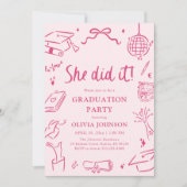Modern Hand Drawn She did it Pink Graduation Party 招待状 (正面)