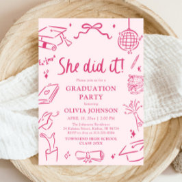 Modern Hand Drawn She did it Pink Graduation Party 招待状