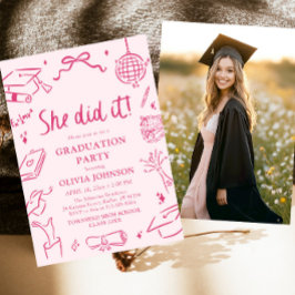 Modern Hand Drawn She did it Pink Graduation Party 招待状