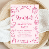 Modern Hand Drawn She did it Pink Graduation Party 招待状