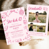 Modern Hand Drawn She did it Pink Graduation Party 招待状