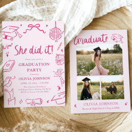 Modern Hand Drawn She did it Pink Graduation Party 招待状