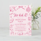 Modern Hand Drawn She did it Pink Graduation Party 招待状 (スタンド正面)