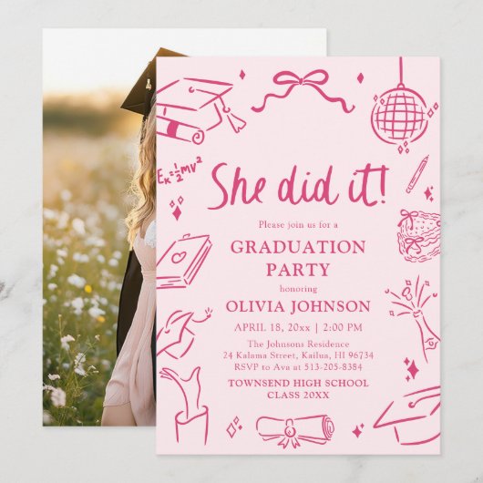 Modern Hand Drawn She did it Pink Graduation Party 招待状 (正面/裏面)