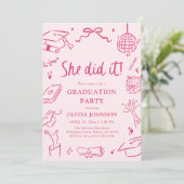Modern Hand Drawn She did it Pink Graduation Party 招待状 (スタンド正面)