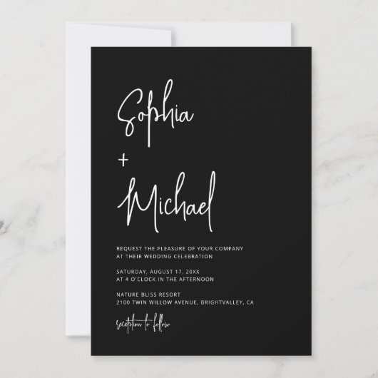 Modern Hand Lettering Script Black White Wedding 招待状 (正面)