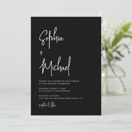Modern Hand Lettering Script Black White Wedding 招待状 (スタンド正面)