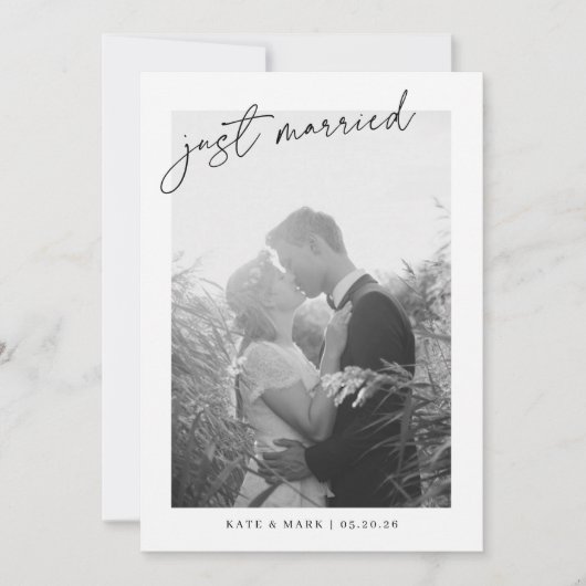 Modern Hand Script Just Married Photo Wedding 案内状 (正面)