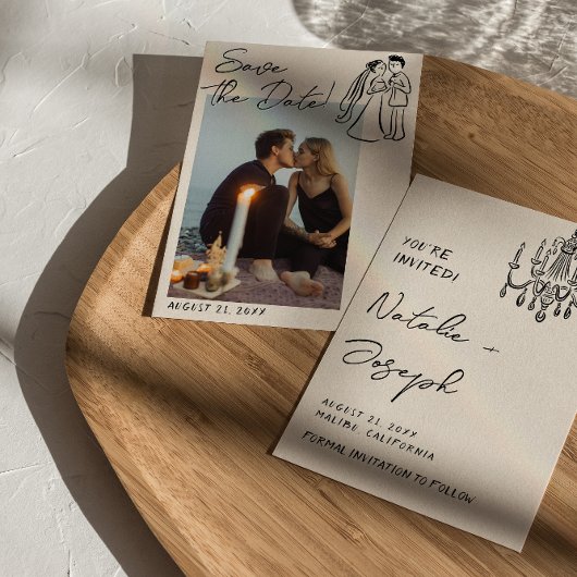 Modern Hand Written Drawn Couple Wedding Fun Photo セーブザデート