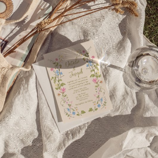 Modern Hand Written Drawn Floral Summer Wedding 招待状