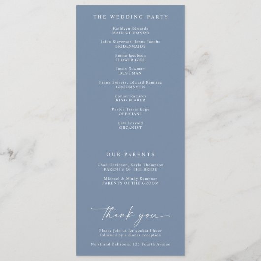 Modern Handwriting Dusty Blue Wedding Programs プログラム (裏面)