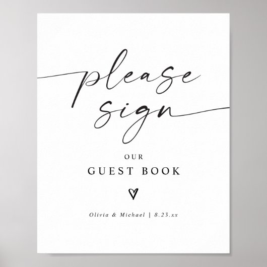 Modern Handwriting Heart Wedding Guest Book Sign ポスター (正面)