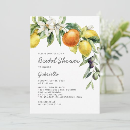 Modern Handwritte Script Citrus Bridal Shower 招待状 (スタンド正面)