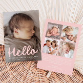 Modern Handwritten Hello Pink Photo Collage Birth 案内状