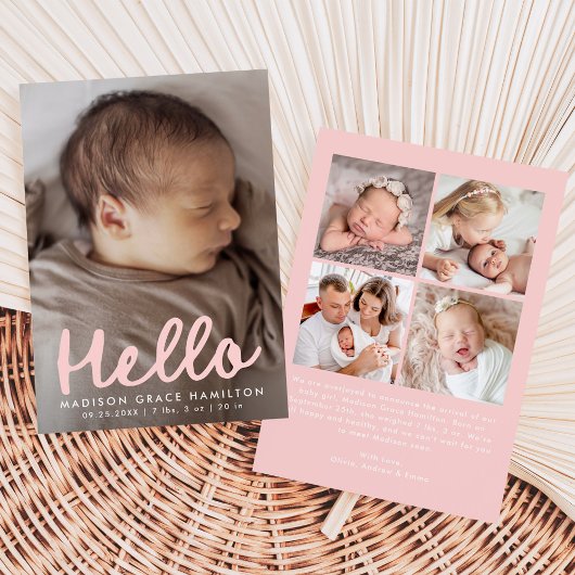 Modern Handwritten Hello Pink Photo Collage Birth 案内状