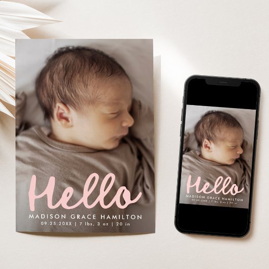 Modern Handwritten Hello Pink Photo Collage Birth 案内状