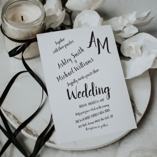 Modern Handwritten Simple Black and White Wedding 招待状