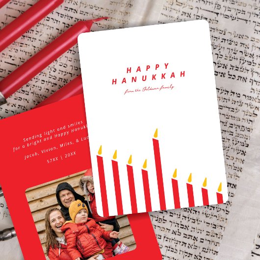 Modern Hanukkah Candle Red & White Photo  シーズンカード