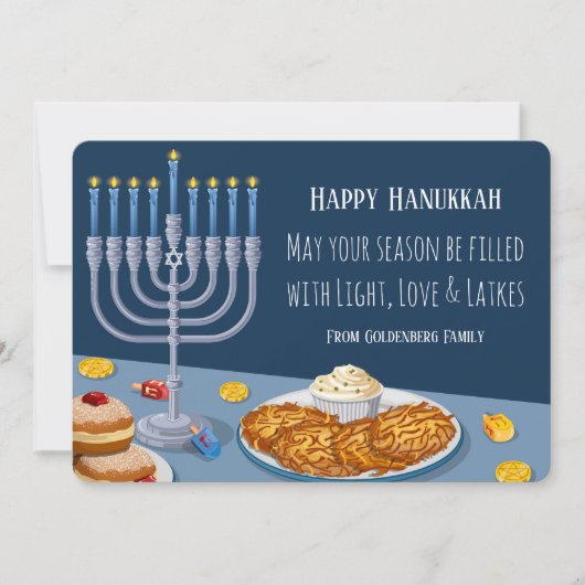 Modern Hanukkah Card: Light, Love & Latkes Menorah シーズンカード (正面)