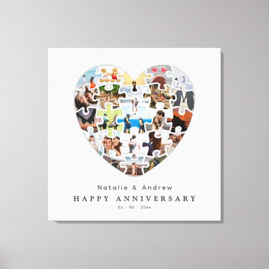 Modern Happy Anniversary Heart Puzzle Collage キャンバスプリント (正面)