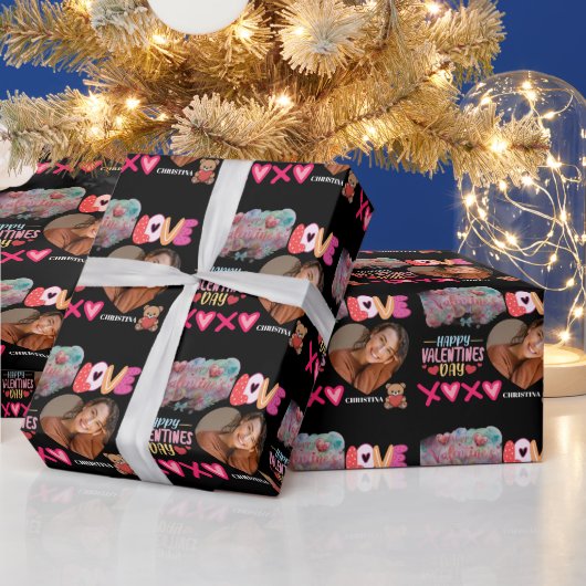 Modern Happy Valentines Day one heart Photo Name ラッピングペーパー (クリスマス)