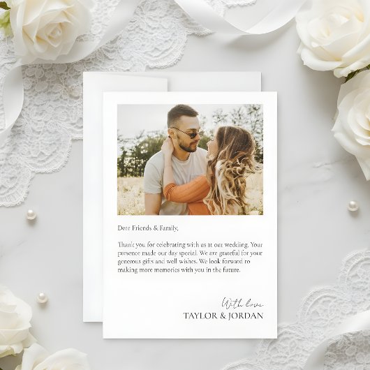 Modern Heart Script Custom Minimal Photo Wedding  サンキューカード