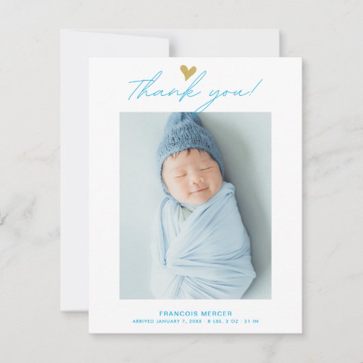Modern Heart Script Custom Newborn Baby Photo サンキューカード (正面)