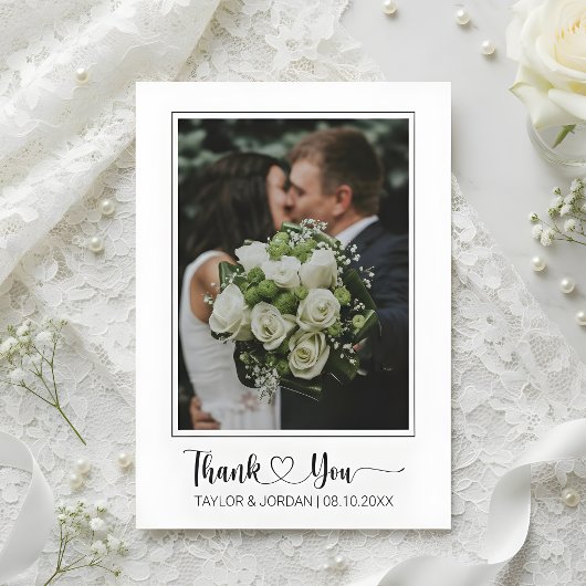 Modern Heart Script Photo Wedding Thank You Card サンキューカード
