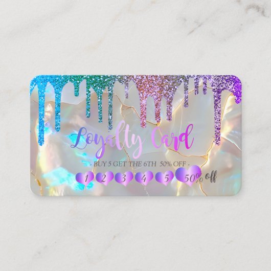 Modern Hearts Rainbow Glitter Drips Opal Stone ロイヤリティカード (正面)