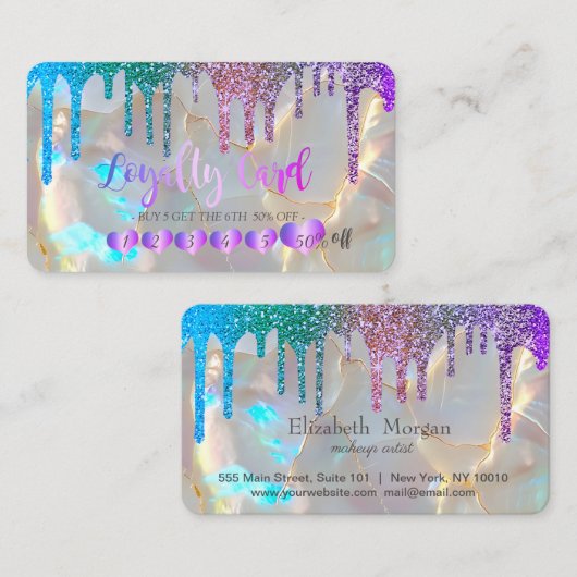 Modern Hearts Rainbow Glitter Drips Opal Stone ロイヤリティカード (正面/裏面)