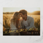 Modern Hearts Save The Date Photo Wedding Website 箔招待状ポストカード (正面)