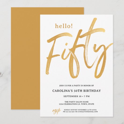 Modern Hello Fifty Fiftieth Birthday Invitation 招待状 (正面/裏面)
