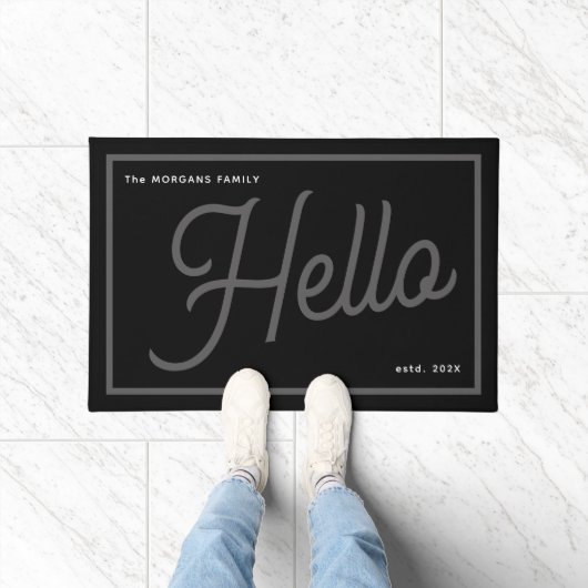 Modern Hello Grey White Script Family Name ドアマット (室内)