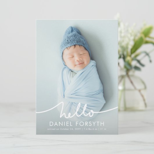 Modern Hello Script Newborn Baby Photo Birth 案内状 (スタンド正面)