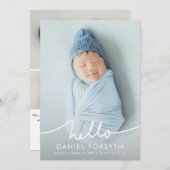 Modern Hello Script Newborn Baby Photo Birth 案内状 (正面/裏面)