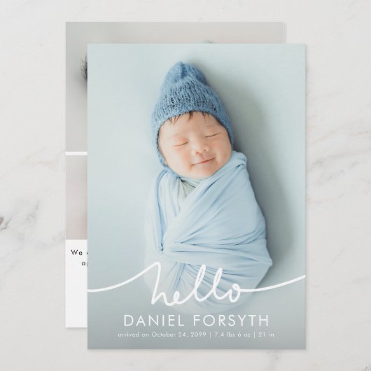 Modern Hello Script Newborn Baby Photo Birth 案内状 (正面/裏面)