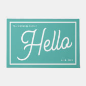Modern Hello Teal White Script Family Name ドアマット (正面)