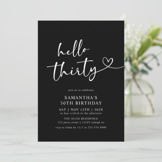 Modern Hello Thirty Black and White 30th Birthday 招待状 (スタンド正面)